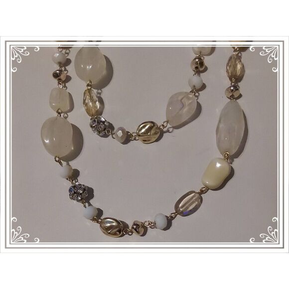 Gorgeous Vintage Long Gold Milky~Taupe~Crystal Ball Beads Necklace - Picture 2 of 3